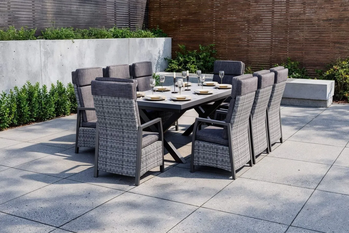 New Nova Garten-Essgruppe, schwarz/anthrazit/grau, Aluminium/Polyrattan/Steinimitat, Tisch 200/260 x 100 cm, 8 Diningsessel Garten-Essgruppen