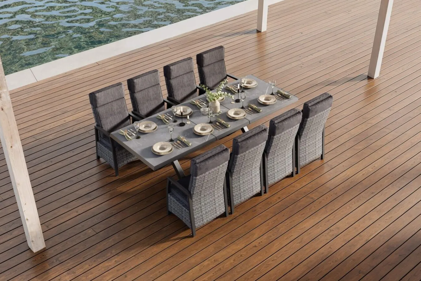 New Nova Garten-Essgruppe, schwarz/anthrazit/grau, Aluminium/Polyrattan/Steinimitat, Tisch 200/260 x 100 cm, 8 Diningsessel Garten-Essgruppen