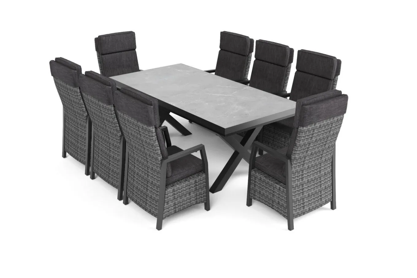 New Nova Garten-Essgruppe, schwarz/anthrazit/grau, Aluminium/Polyrattan/Steinimitat, Tisch 200/260 x 100 cm, 8 Diningsessel Garten-Essgruppen