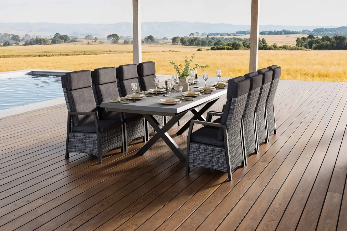 New Nova Garten-Essgruppe, schwarz/anthrazit/grau, Aluminium/Polyrattan/Steinimitat, Tisch 200/260 x 100 cm, 8 Diningsessel Garten-Essgruppen