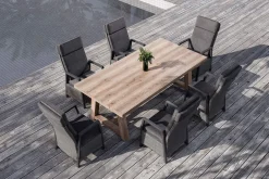 Discount Nova Garten-Essgruppe mit 6 Sesseln, anthrazit/grau/natur, Alu/Polyrattan/Teakholz, 220 x 110 cm Tisch, verstellbare Rückenlehne Polyrattan-Gartenmöbel|Garten-Essgruppen