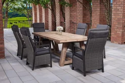 Discount Nova Garten-Essgruppe mit 6 Sesseln, anthrazit/grau/natur, Alu/Polyrattan/Teakholz, 220 x 110 cm Tisch, verstellbare Rückenlehne Polyrattan-Gartenmöbel|Garten-Essgruppen
