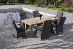 Discount Nova Garten-Essgruppe mit 6 Sesseln, anthrazit/grau/natur, Alu/Polyrattan/Teakholz, 220 x 110 cm Tisch, verstellbare Rückenlehne Polyrattan-Gartenmöbel|Garten-Essgruppen