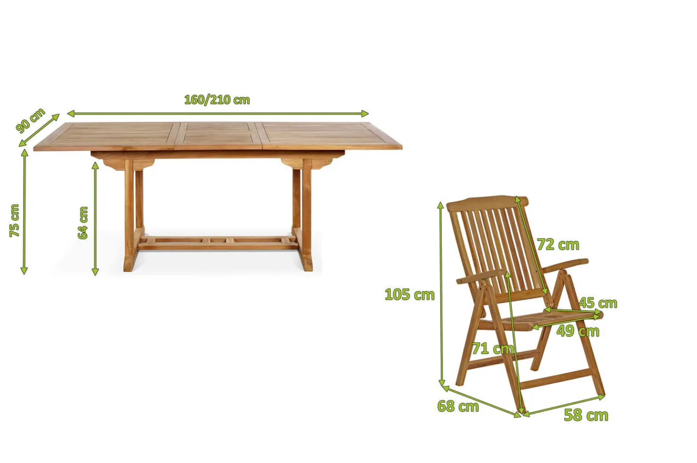 Outlet Ontario/Bounty Garten-Essgruppe, natur, Teak, 160/210x90cm, 8x Klappsessel Garten-Essgruppen