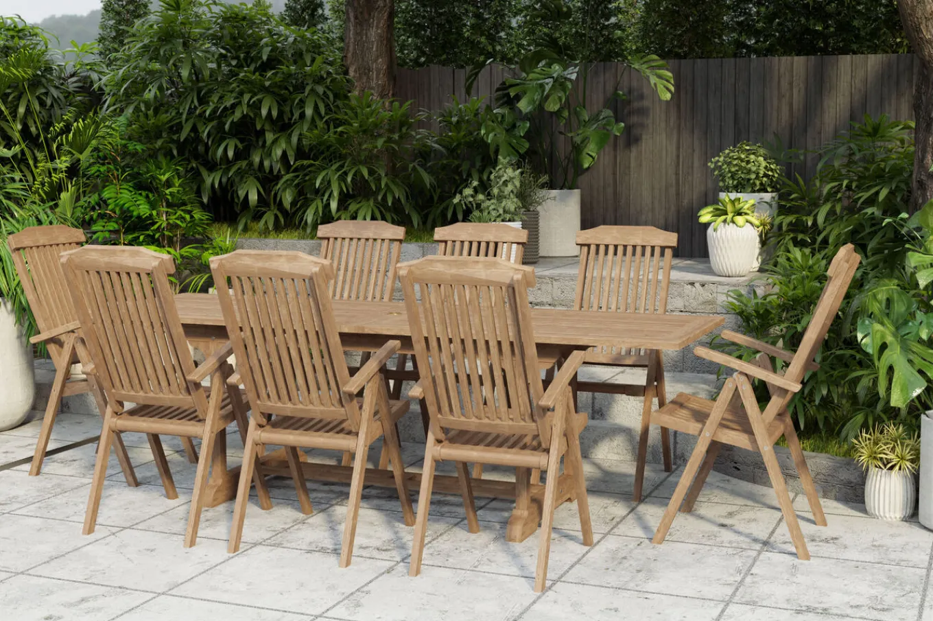 Ontario/Bounty Garten-Essgruppe, natur, Teak, 195/295 x 90 cm, 8x Klappsessel Garten-Essgruppen