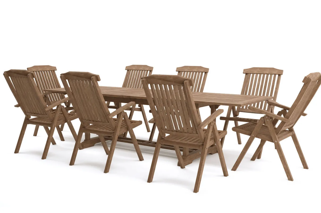 Ontario/Bounty Garten-Essgruppe, natur, Teak, 195/295 x 90 cm, 8x Klappsessel Garten-Essgruppen