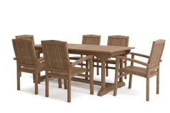 New Ontario/Washington Garten-Essgruppe, natur, Teak, 195/295 x 90 cm, 6x Stapelsessel Garten-Essgruppen
