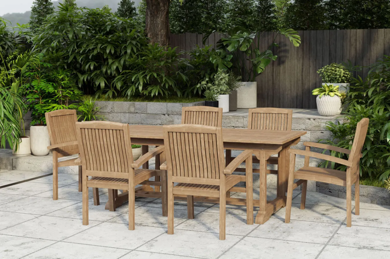 New Ontario/Washington Garten-Essgruppe, natur, Teak, 195/295 x 90 cm, 6x Stapelsessel Garten-Essgruppen