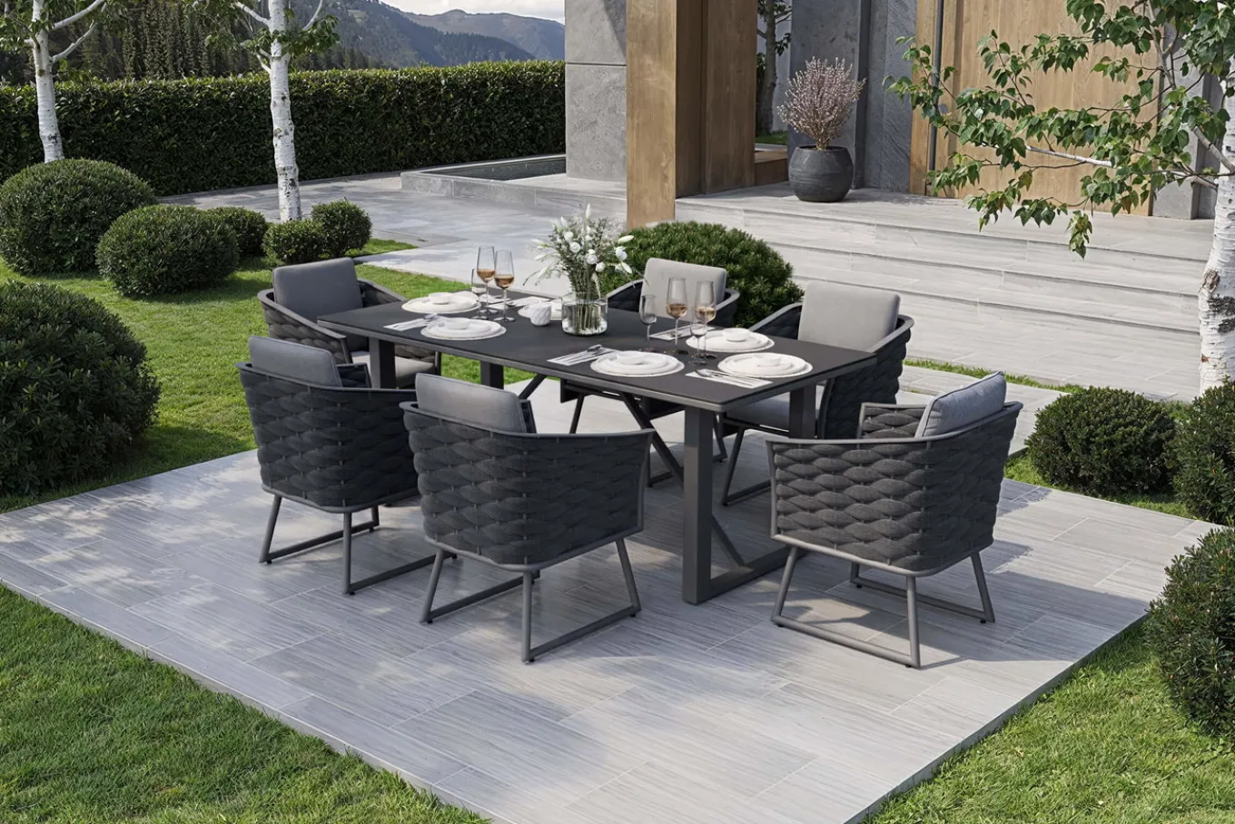 Best Oranger Blossom Garten-Essgruppe, 6 Personen, Tisch 200x90cm, inkl. Polster, anthrazit/Rope Garten-Essgruppen|Aluminium-Gartenmöbel