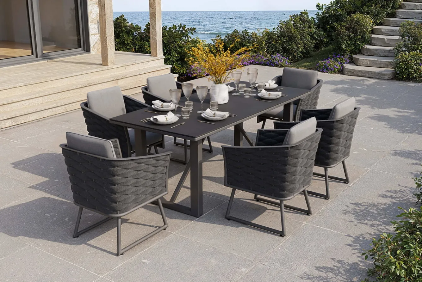 Best Oranger Blossom Garten-Essgruppe, 6 Personen, Tisch 200x90cm, inkl. Polster, anthrazit/Rope Garten-Essgruppen|Aluminium-Gartenmöbel