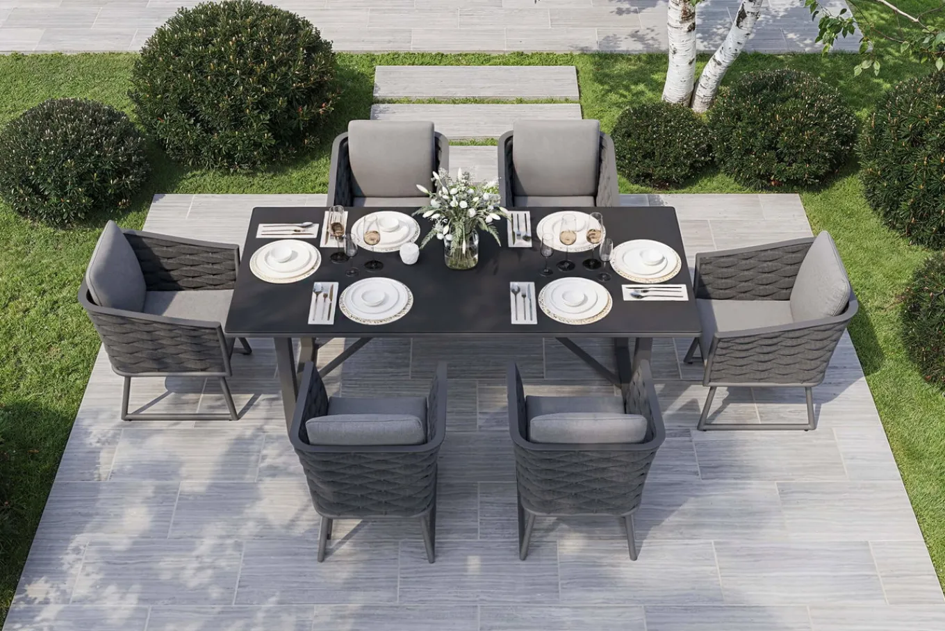 Best Oranger Blossom Garten-Essgruppe, 6 Personen, Tisch 200x90cm, inkl. Polster, anthrazit/Rope Garten-Essgruppen|Aluminium-Gartenmöbel
