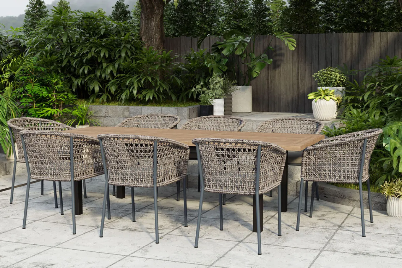 Best Oxford/Zui Garten-Essgruppe, anthrazit/hellgrau, Edelstahl/recycled Teak/Rope, 200/260 x 100 cm, 8x Sessel, inkl. Polster Garten-Essgruppen