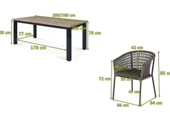 Best Oxford/Zui Garten-Essgruppe, anthrazit/hellgrau, Edelstahl/recycled Teak/Rope, 200/260 x 100 cm, 8x Sessel, inkl. Polster Garten-Essgruppen