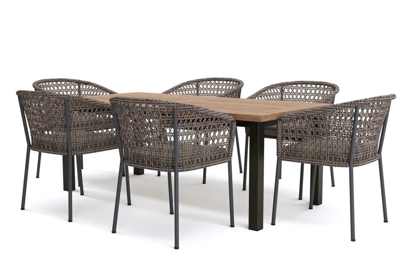 Hot Oxford/Zui Garten-Essgruppe, anthrazit/hellgrau, Edelstahl/recycled Teak/Rope, 200/260 x 100 cm, 6x Sessel, inkl. Polster Garten-Essgruppen|Edelstahl-Gartenmöbel