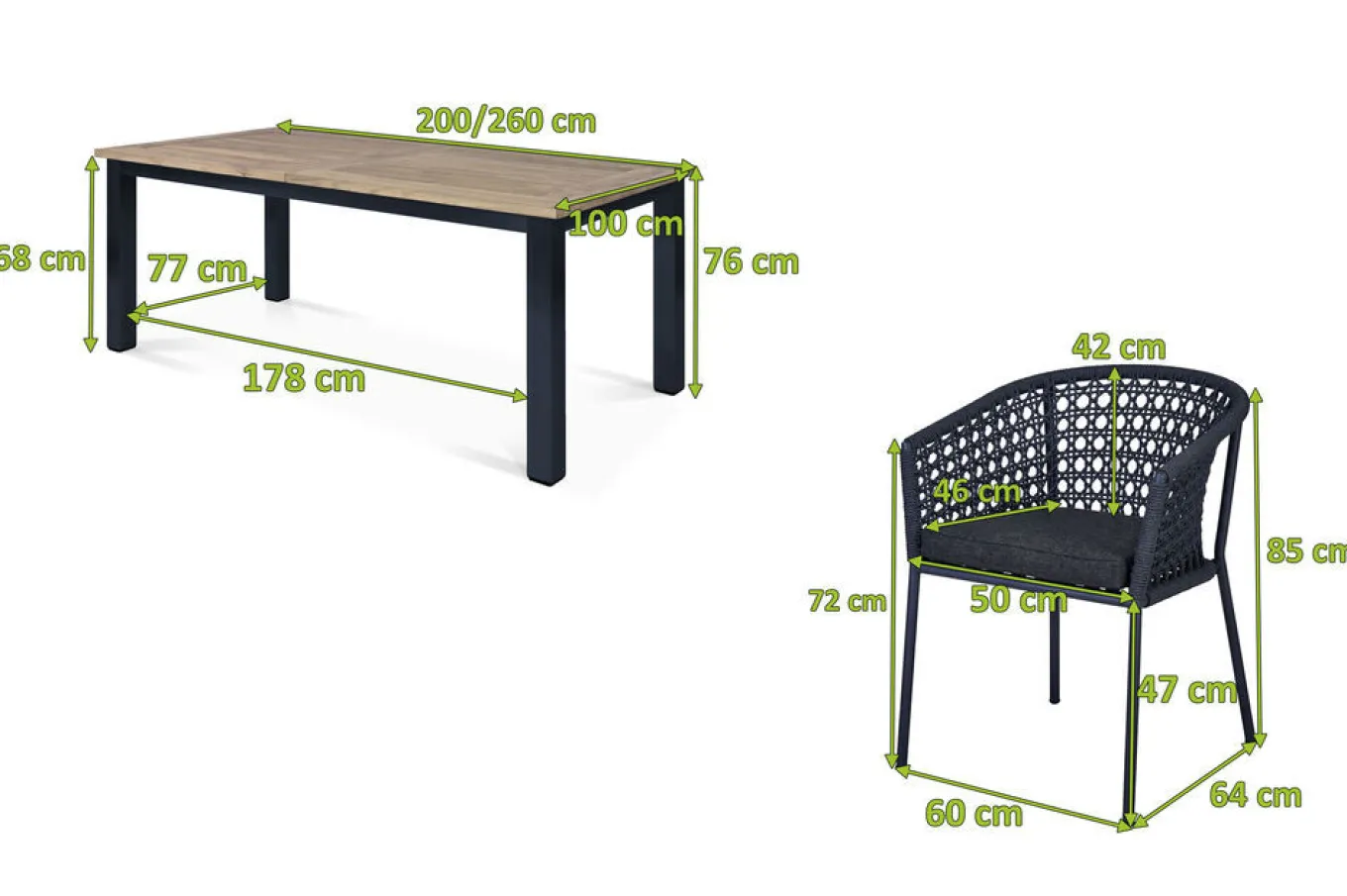 Clearance Oxford/Zui Garten-Essgruppe, anthrazit/dunkelgrau, Edelstahl/recycled Teak/Rope, 200/260 x 100 cm, 8x Sessel, inkl. Polster Garten-Essgruppen
