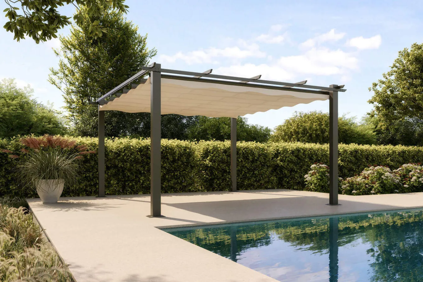 Discount Pergola, faltbares Stoffdach 4 x 4 m, Aluminium/Polyester, Anthrazit/Creme, UV-Schutz 30+ Pergola|Aluminium-Gartenmöbel