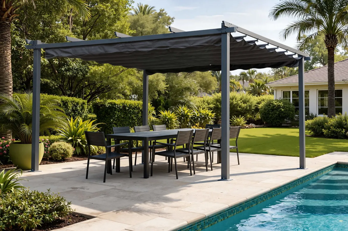 Discount Pergola mit faltbarem Stoffdach, Anthrazit, Aluminium/Polyester, 4 x 4 m, Air-Vent System, UV-beständig Pergola|Aluminium-Gartenmöbel