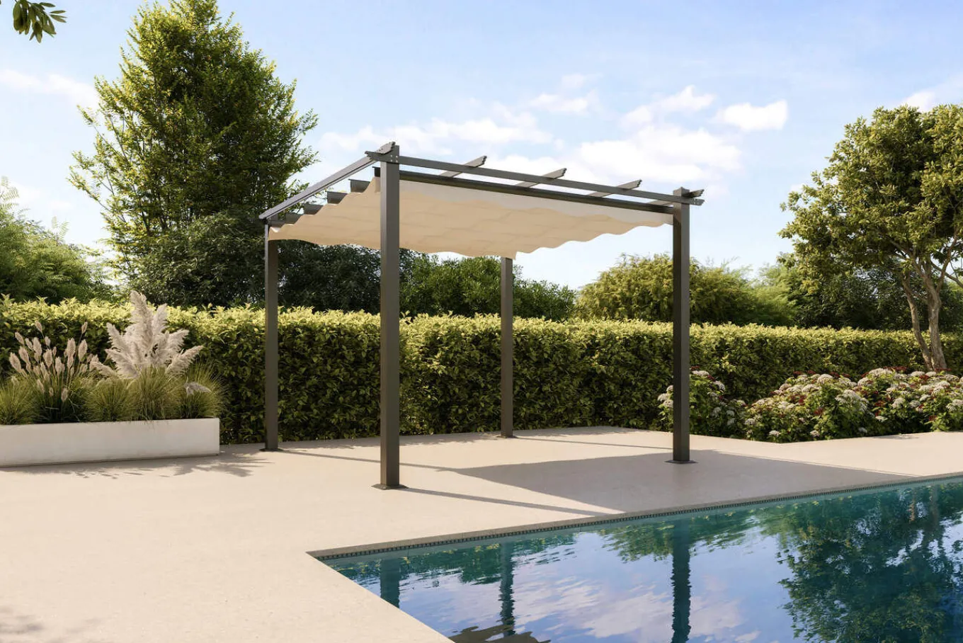 Hot Pergola mit faltbarem Stoffdach, Anthrazit/Creme, Aluminium/Polyester, 3 x 3 m, Air-Vent System, UV-Schutz 30+ Pergola|Aluminium-Gartenmöbel