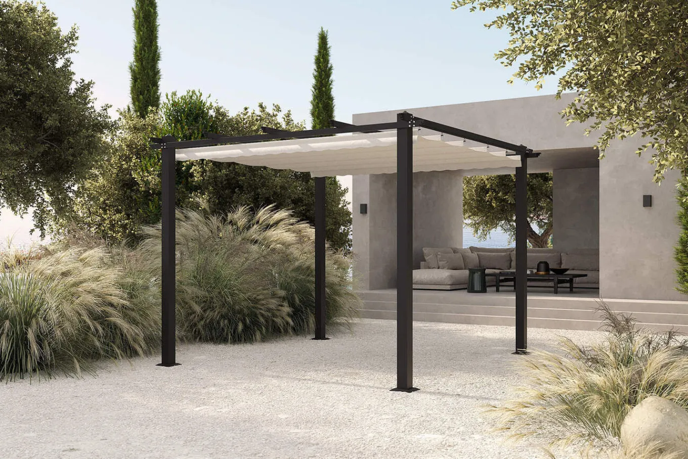 Hot Pergola mit faltbarem Stoffdach, Anthrazit/Creme, Aluminium/Polyester, 3 x 3 m, Air-Vent System, UV-Schutz 30+ Pergola|Aluminium-Gartenmöbel