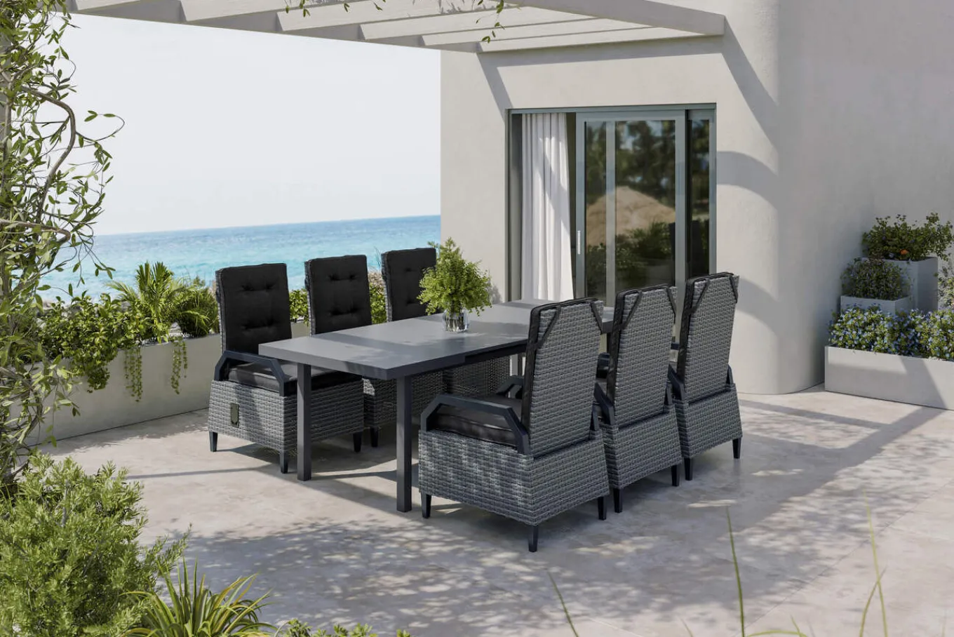 New Porto Garten-Essgruppe, anthrazit/grau, Alu/Polyrattan, ausziehbarer Tisch 180/240 x 100 cm, verstellbare Rückenlehne inkl. Polster Garten-Essgruppen|Aluminium-Gartenmöbel