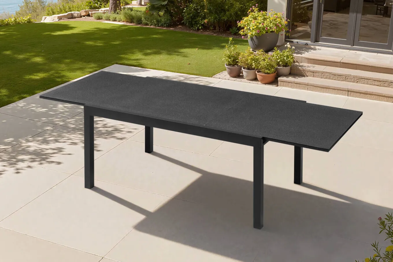 Discount Premium Ausziehtisch, anthrazit matt, Alu/Spraystone, Tischplatte 160/260 x 100 cm, pulverbeschichtet, höhenverstellbare Füße Gartentische