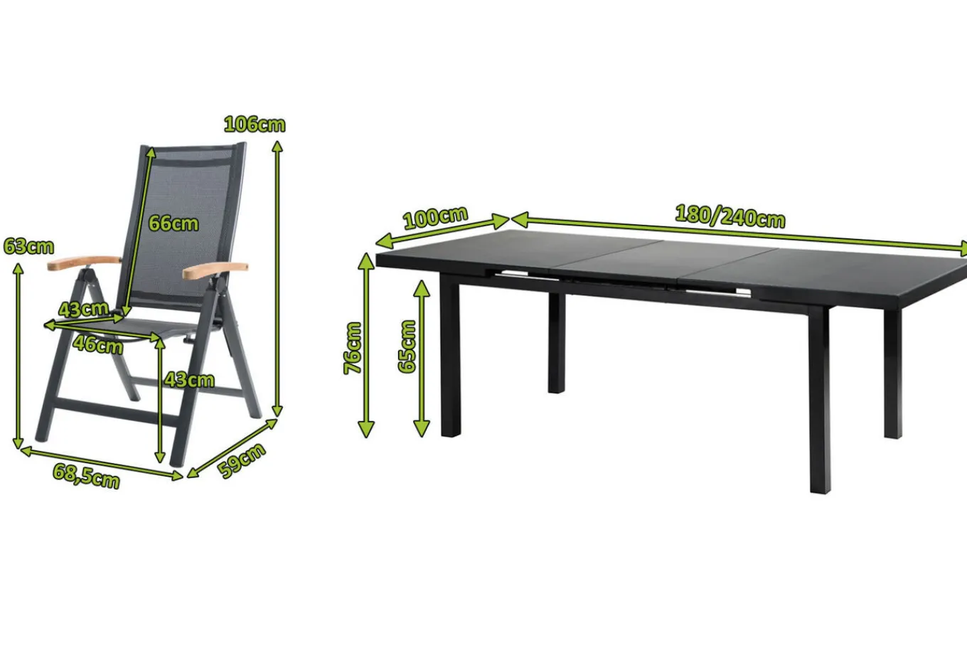Hot Premium Garten-Essgruppe, ® anthrazit matt, Alu / Glas / Teak, Tisch 180/240x100cm, 8 Klappstühle Garten-Essgruppen