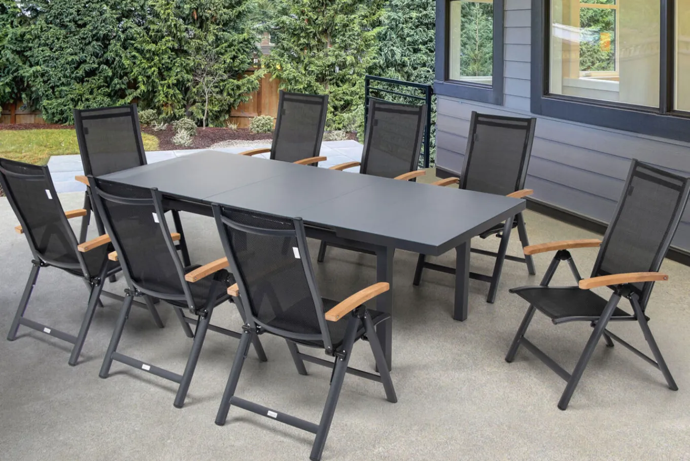 Hot Premium Garten-Essgruppe, ® anthrazit matt, Alu / Glas / Teak, Tisch 180/240x100cm, 8 Klappstühle Garten-Essgruppen