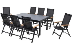 Hot Premium Garten-Essgruppe, ® anthrazit matt, Alu / Glas / Teak, Tisch 180/240x100cm, 8 Klappstühle Garten-Essgruppen