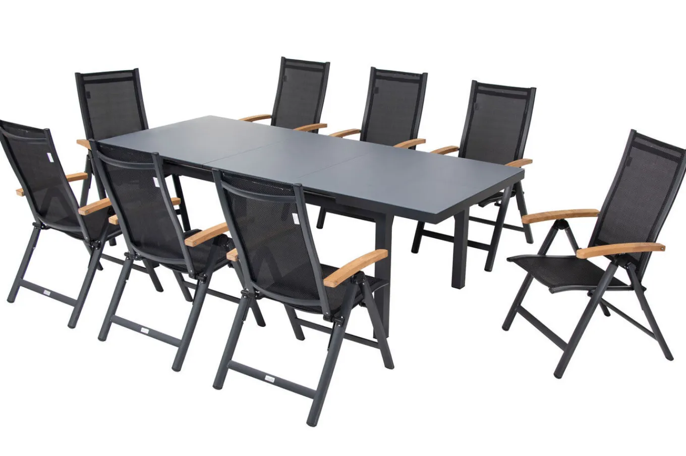 Hot Premium Garten-Essgruppe, ® anthrazit matt, Alu / Glas / Teak, Tisch 180/240x100cm, 8 Klappstühle Garten-Essgruppen