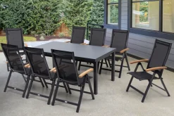 Hot Premium Garten-Essgruppe, ® anthrazit matt, Alu / Glas / Teak, Tisch 180/240x100cm, 8 Klappstühle Garten-Essgruppen
