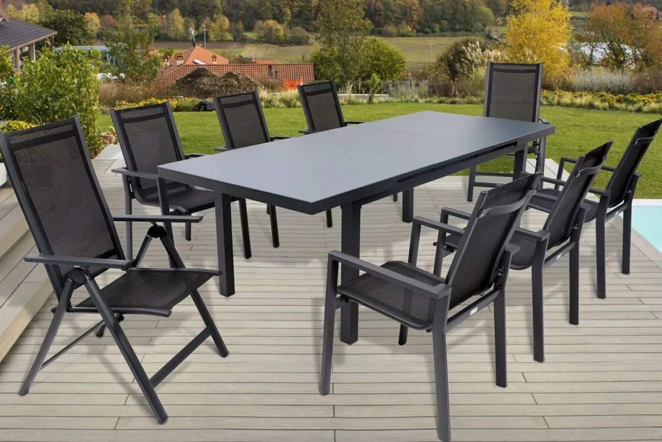 Outlet Premium Garten-Essgruppe, 8 Personen, ausziehbarer Tisch 180–240 cm, Alu/Textilene, 6 Stapel- 2 Klappstühle Garten-Essgruppen|Aluminium-Gartenmöbel