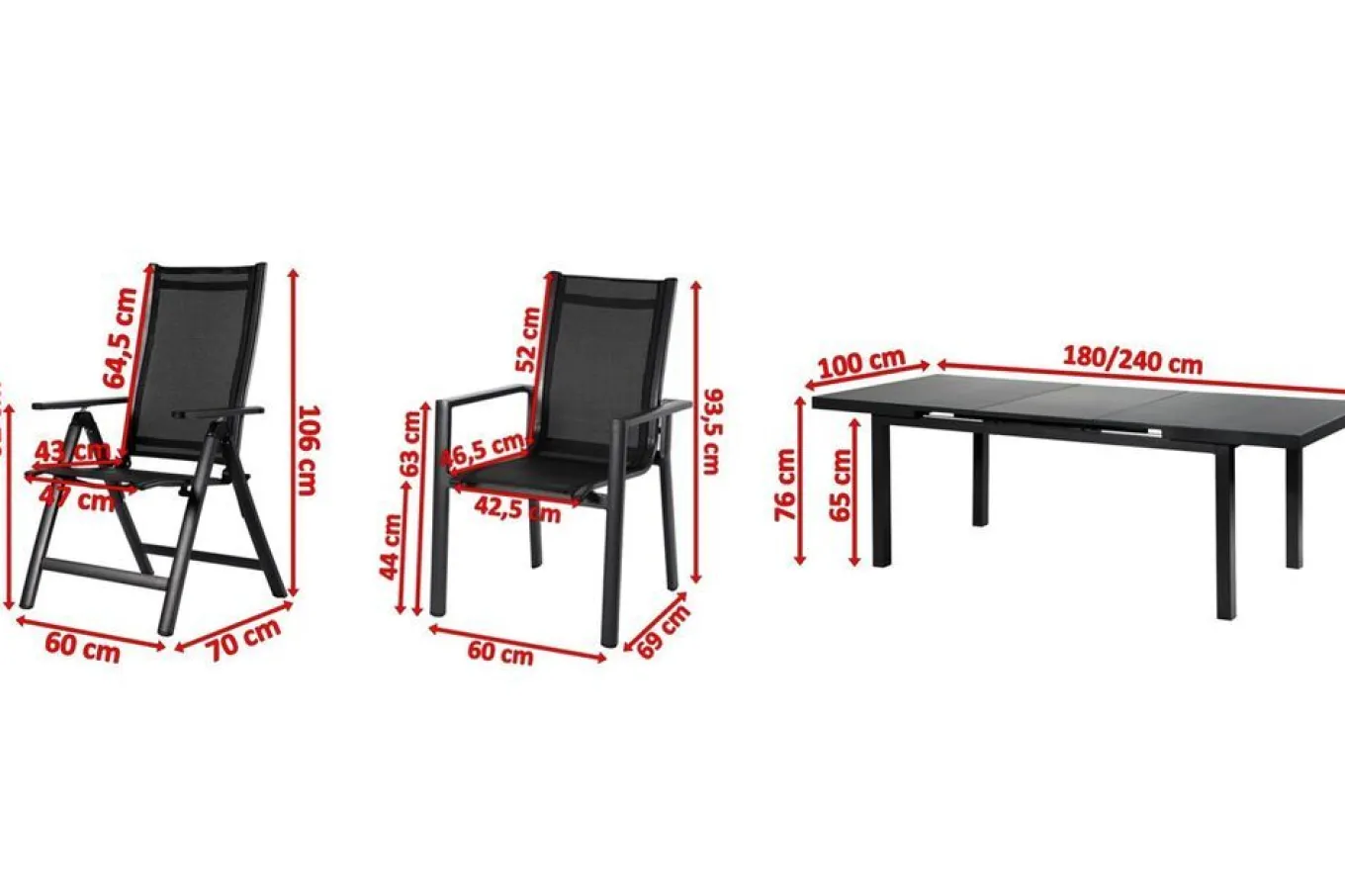 Outlet Premium Garten-Essgruppe, 8 Personen, ausziehbarer Tisch 180–240 cm, Alu/Textilene, 6 Stapel- 2 Klappstühle Garten-Essgruppen|Aluminium-Gartenmöbel