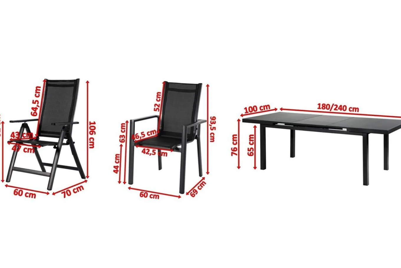 Outlet Premium Garten-Essgruppe, 8 Personen, ausziehbarer Tisch 180–240 cm, Alu/Textilene, 6 Stapel- 2 Klappstühle Garten-Essgruppen|Aluminium-Gartenmöbel