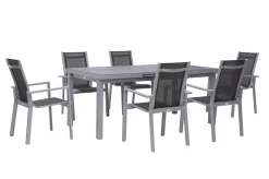 New Premium Garten-Essgruppe, silber/grau, Alu/Textilene, Ausziehtisch 180/240 x 100 cm, 6 Stapelsessel Garten-Essgruppen