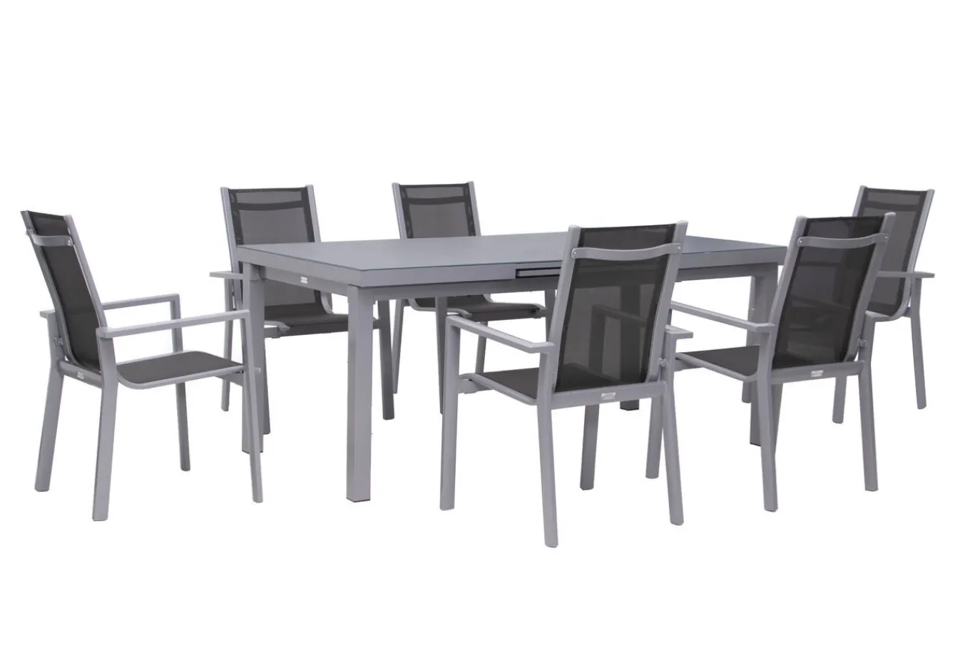 New Premium Garten-Essgruppe, silber/grau, Alu/Textilene, Ausziehtisch 180/240 x 100 cm, 6 Stapelsessel Garten-Essgruppen