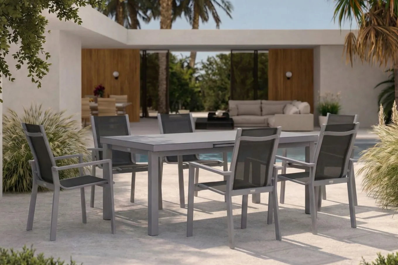 New Premium Garten-Essgruppe, silber/grau, Alu/Textilene, Ausziehtisch 180/240 x 100 cm, 6 Stapelsessel Garten-Essgruppen