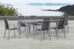 New Premium Garten-Essgruppe, silber/grau, Alu/Textilene, Ausziehtisch 180/240 x 100 cm, 6 Stapelsessel Garten-Essgruppen