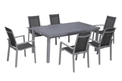 New Premium Garten-Essgruppe, silber/grau, Alu/Textilene, Ausziehtisch 180/240 x 100 cm, 6 Stapelsessel Garten-Essgruppen