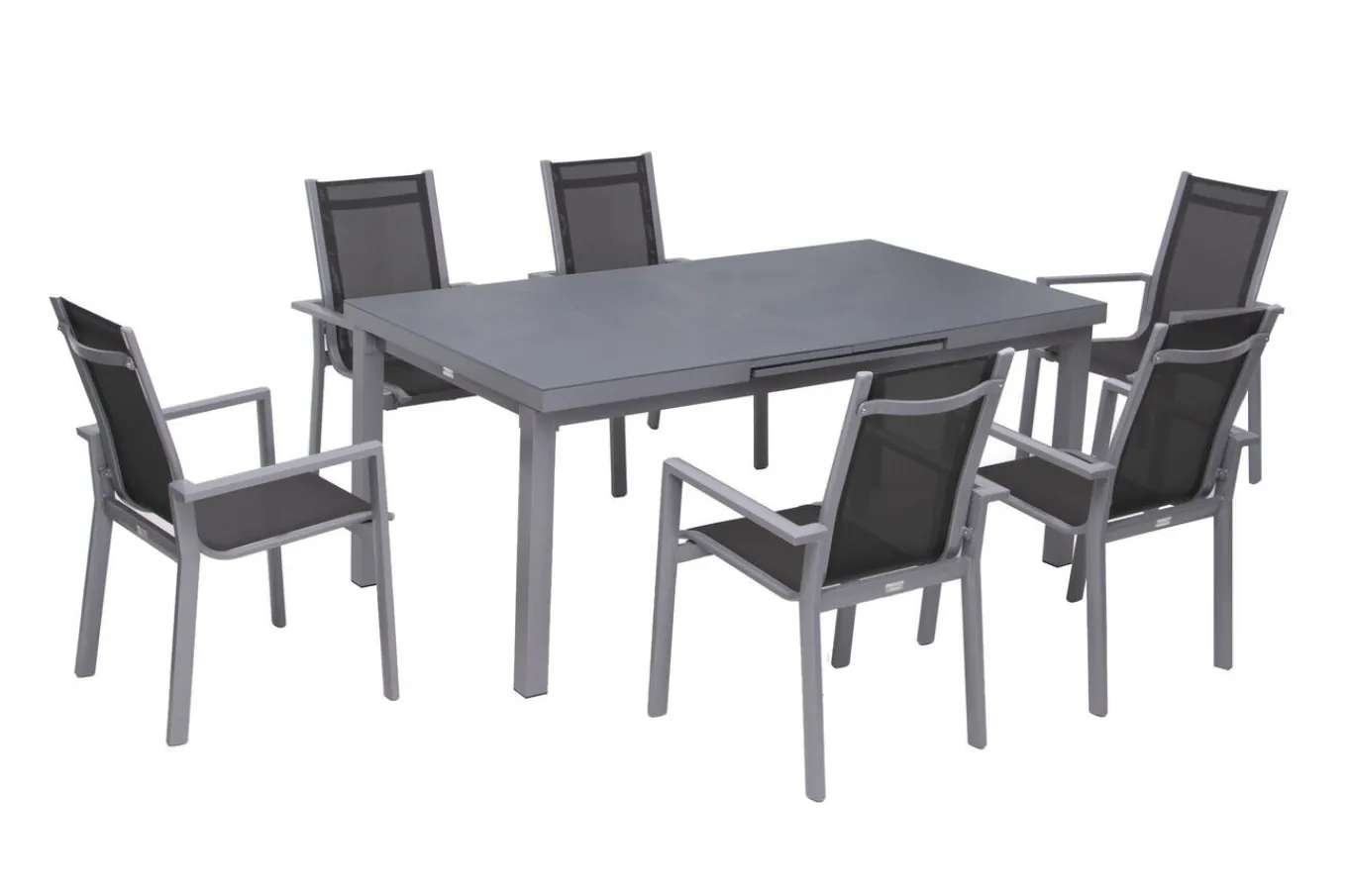 New Premium Garten-Essgruppe, silber/grau, Alu/Textilene, Ausziehtisch 180/240 x 100 cm, 6 Stapelsessel Garten-Essgruppen