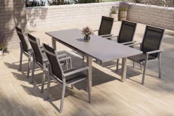 New Premium Garten-Essgruppe, silber/grau, Alu/Textilene, Ausziehtisch 180/240 x 100 cm, 6 Stapelsessel Garten-Essgruppen