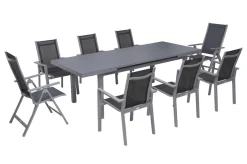 Hot Premium Garten-Essgruppe, silber/grau, Alu/Textilene, Ausziehtisch 180/240 x 100 cm, 6 Stapel-, 2 Klappstühle Garten-Essgruppen