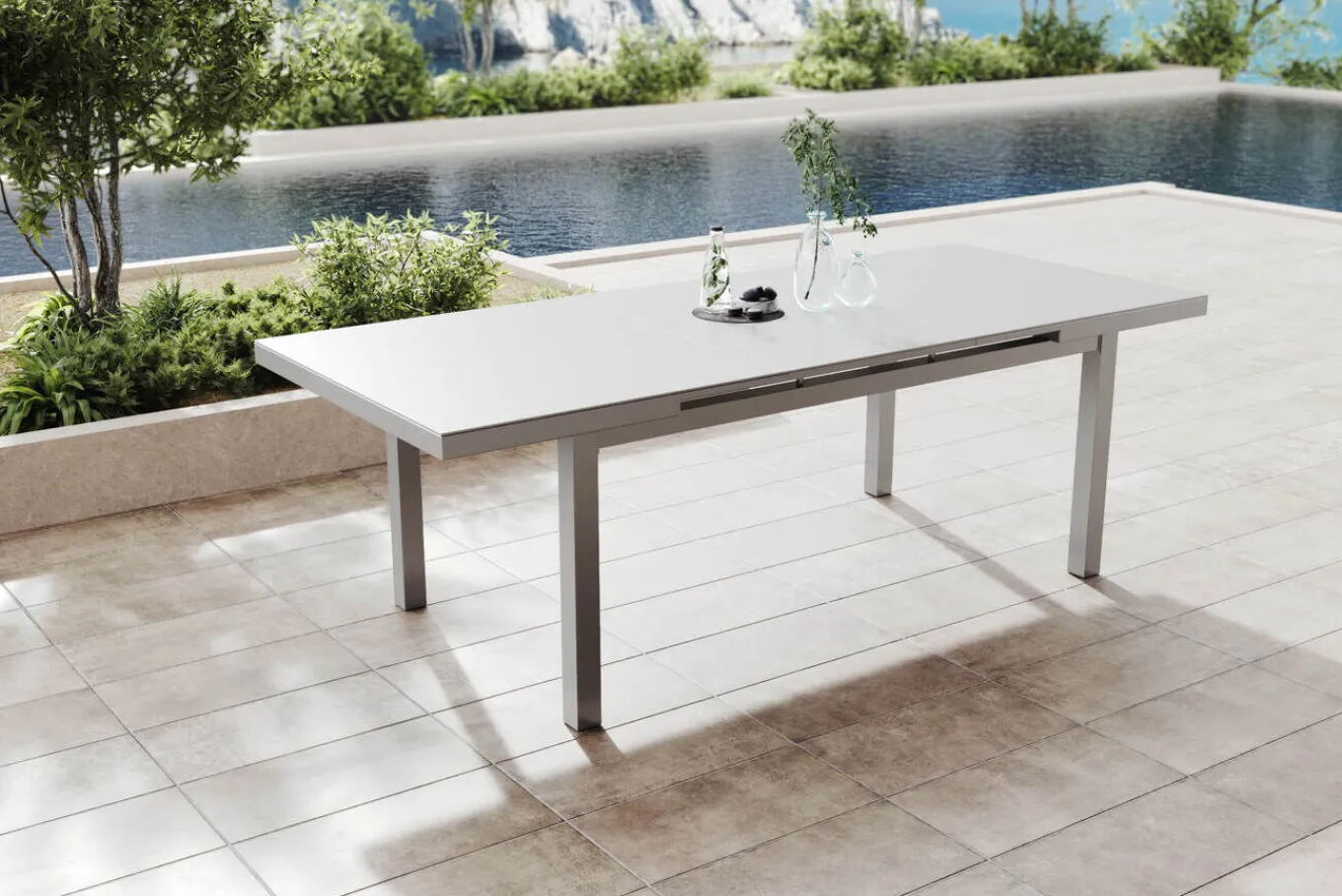 Hot Premium Garten-Essgruppe, silber/grau, Alu/Textilene, Ausziehtisch 180/240 x 100 cm, 6 Stapel-, 2 Klappstühle Garten-Essgruppen