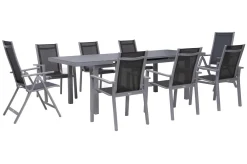 Hot Premium Garten-Essgruppe, silber/grau, Alu/Textilene, Ausziehtisch 180/240 x 100 cm, 6 Stapel-, 2 Klappstühle Garten-Essgruppen