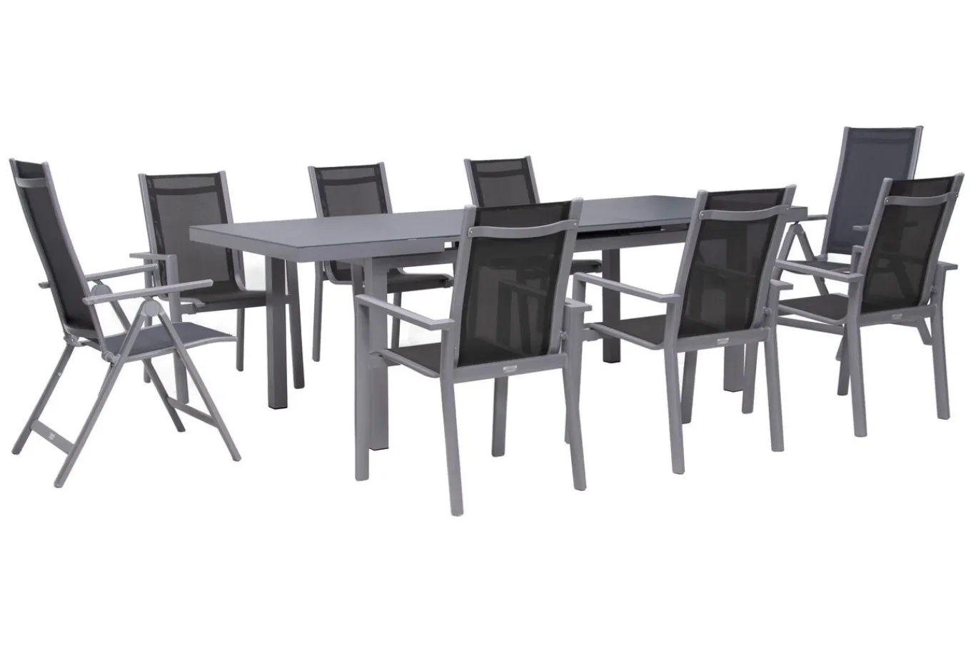 Hot Premium Garten-Essgruppe, silber/grau, Alu/Textilene, Ausziehtisch 180/240 x 100 cm, 6 Stapel-, 2 Klappstühle Garten-Essgruppen