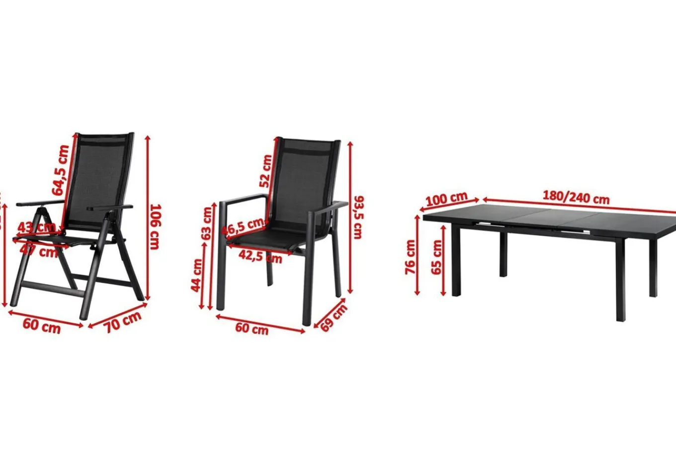 Online Premium Garten-Essgruppe, ® anthrazit matt, Alu/Textilene, Tisch 180/240x100cm, 4 Stapel-, 2 Klappstühle Garten-Essgruppen