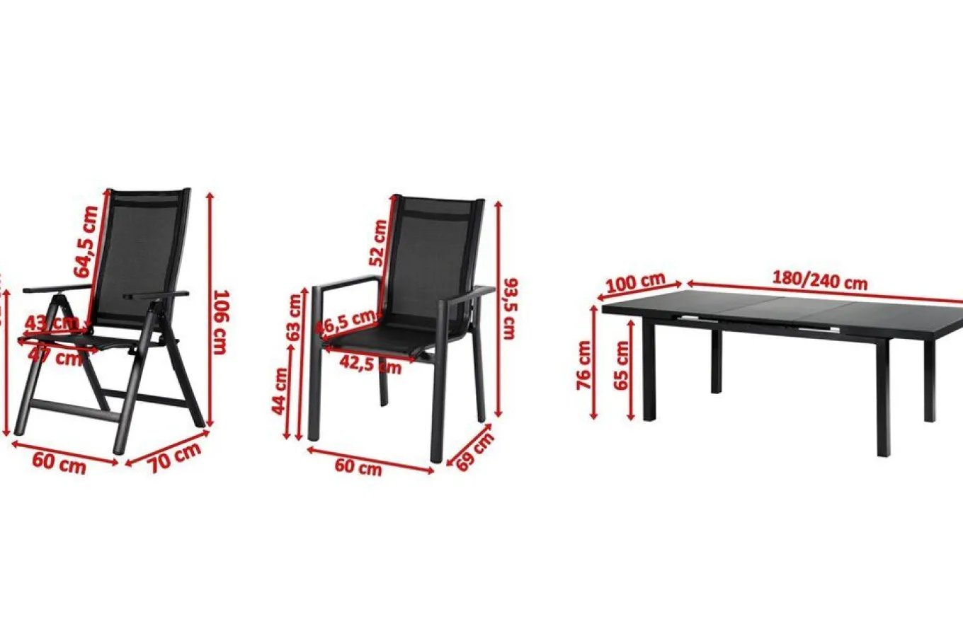 Online Premium Garten-Essgruppe, ® anthrazit matt, Alu/Textilene, Tisch 180/240x100cm, 4 Stapel-, 2 Klappstühle Garten-Essgruppen