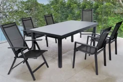 Online Premium Garten-Essgruppe, ® anthrazit matt, Alu/Textilene, Tisch 180/240x100cm, 4 Stapel-, 2 Klappstühle Garten-Essgruppen