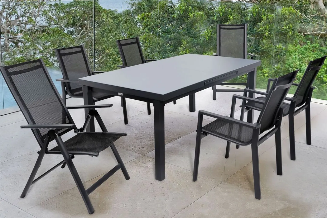Online Premium Garten-Essgruppe, ® anthrazit matt, Alu/Textilene, Tisch 180/240x100cm, 4 Stapel-, 2 Klappstühle Garten-Essgruppen
