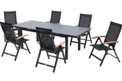 Clearance Premium Garten-Essgruppe, ® anthrazit matt, Alu / Glas / Teak, Tisch 180/240x100cm, 6 Klappstühle Garten-Essgruppen|Aluminium-Gartenmöbel