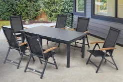 Clearance Premium Garten-Essgruppe, ® anthrazit matt, Alu / Glas / Teak, Tisch 180/240x100cm, 6 Klappstühle Garten-Essgruppen|Aluminium-Gartenmöbel